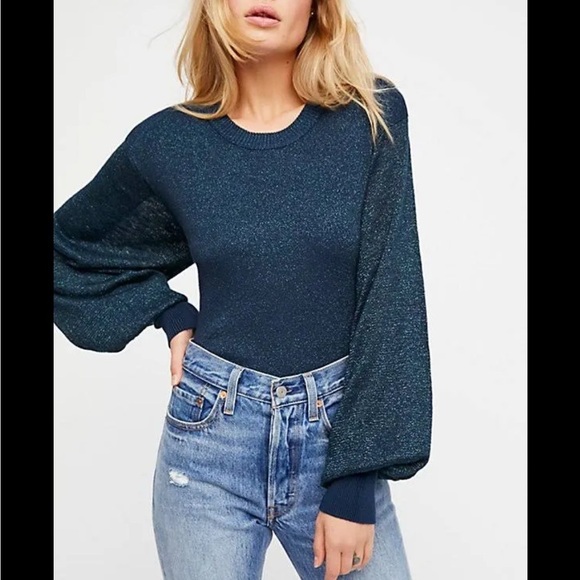 Free People Sweaters - Free People Let It Shine Metallic Sparkle Balloon Sleeve Pullover Sweater Size S